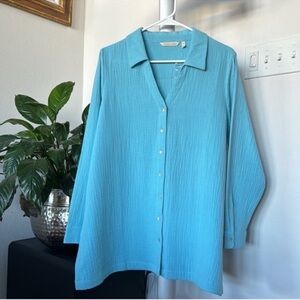 Soft Surroundings Escambia Gauze Tunic Top/Shirt Sz L Petite Blue V Neck New
